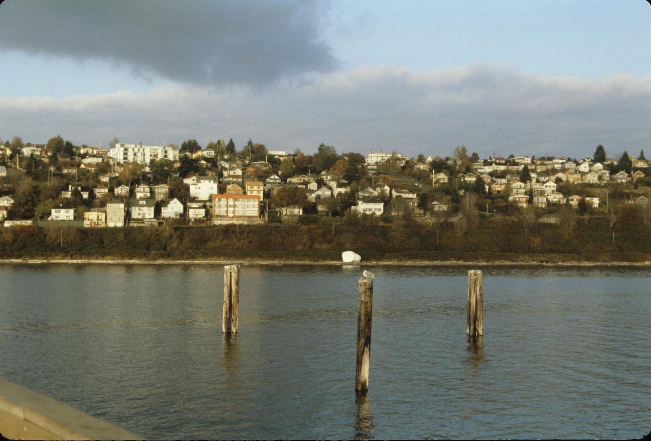 View from pier looking back to beach with big white rock, houses creeping up hill behind