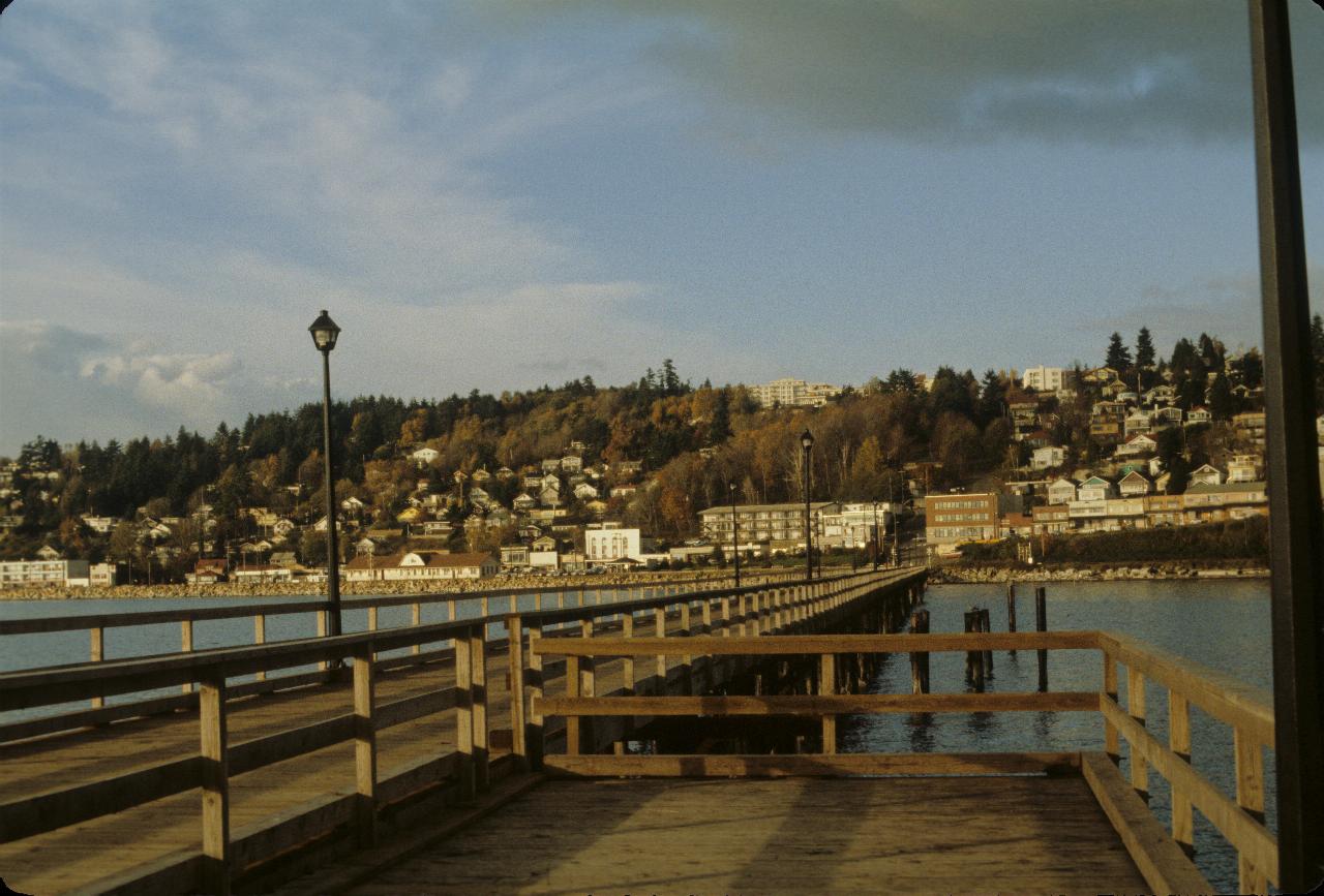 Looking back along pier to low hill with dwellings covering most of it