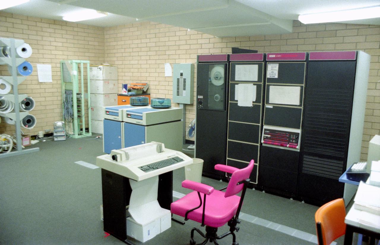 Computer rack, disk drives and printing terminal