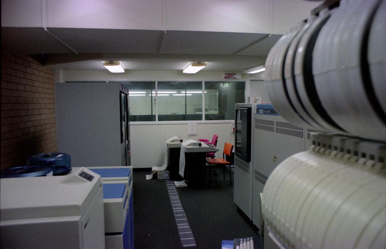 More computer room views, from beside tape rack; VAX on right, 11/70 on left