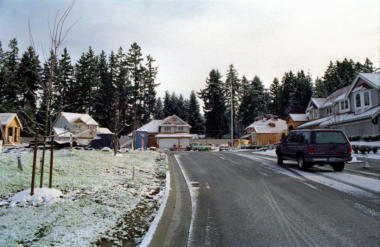 Street scene with light snow