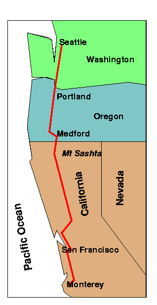 West Coast Map showing route