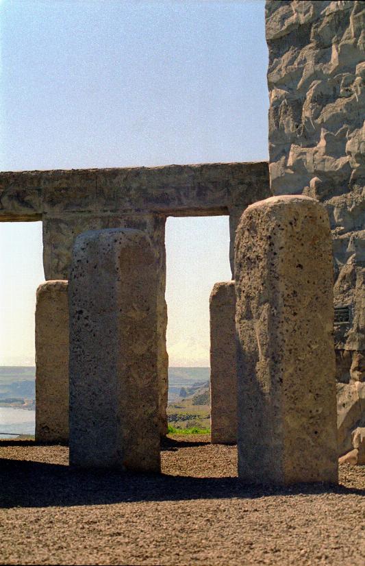 View some vertical stones, barely visible Mt. Hood between two of them