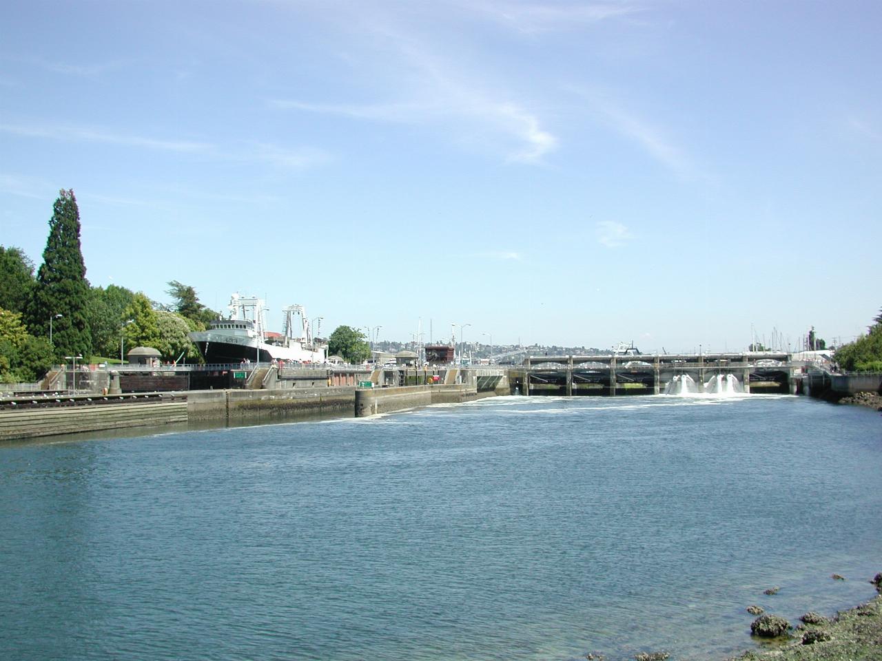 Locks on left, and dam retainging Lake Union to the right