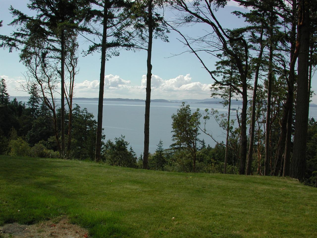 View across lawn, through few tall trees, across water to very distant islands