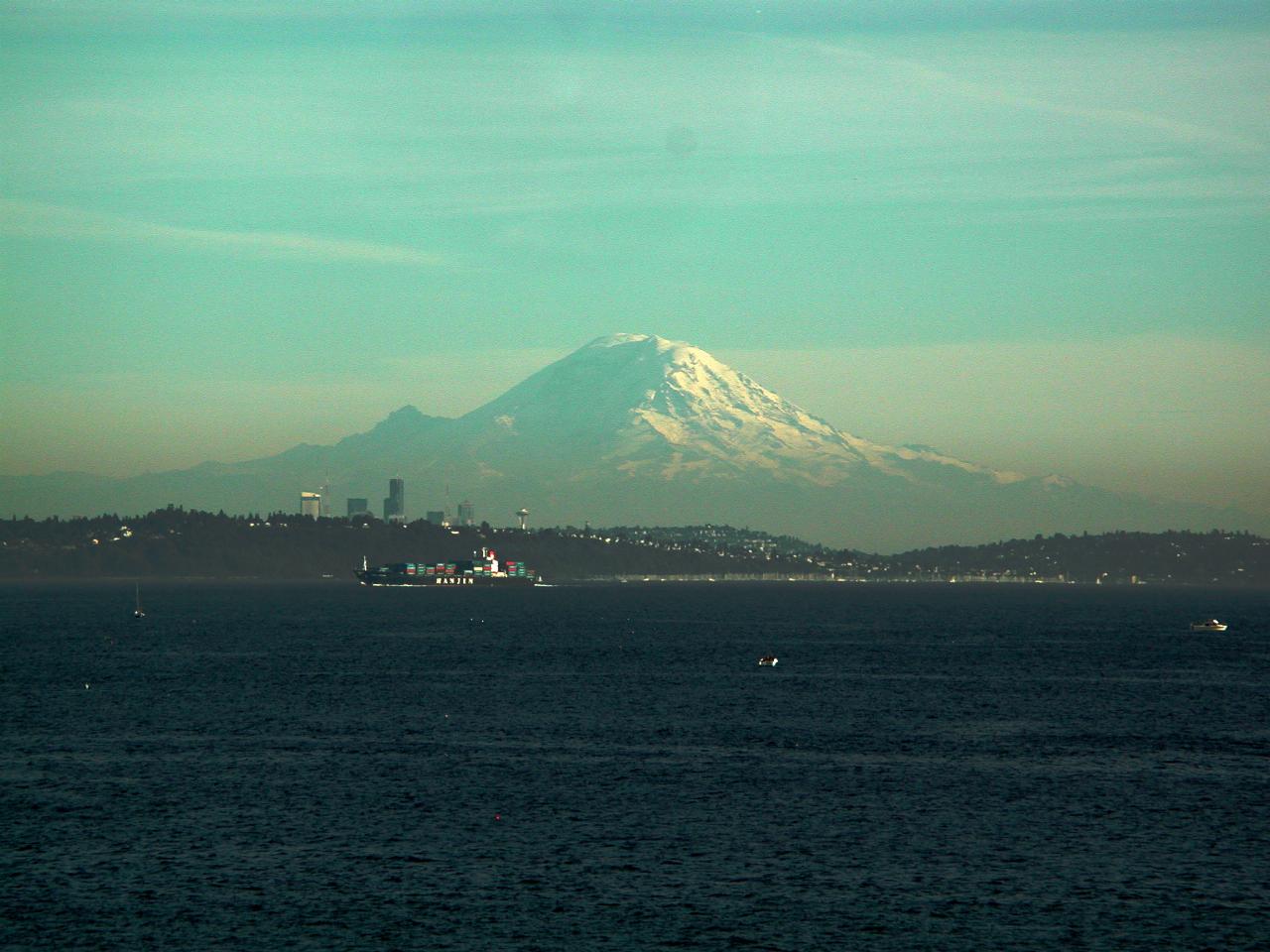 Mt. Rainier and downtown Seattle from Edmonds/Kingston ferry