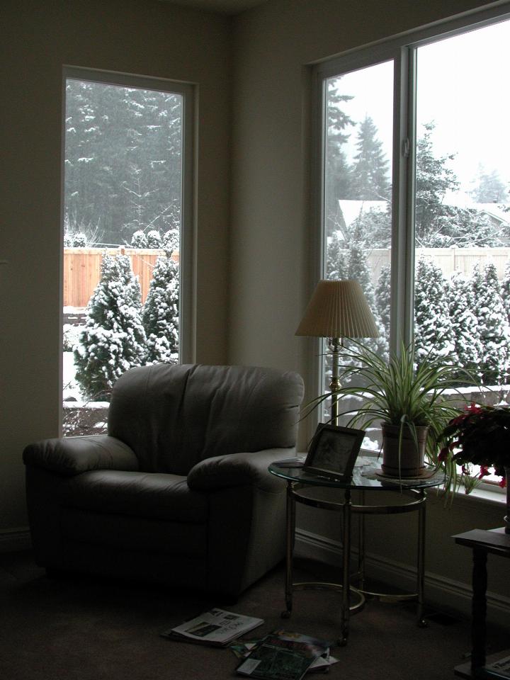 Inside the family room, looking outside