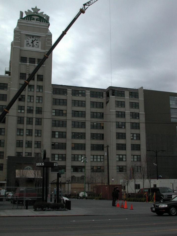 Starbucks building after the quake, undergoing repair