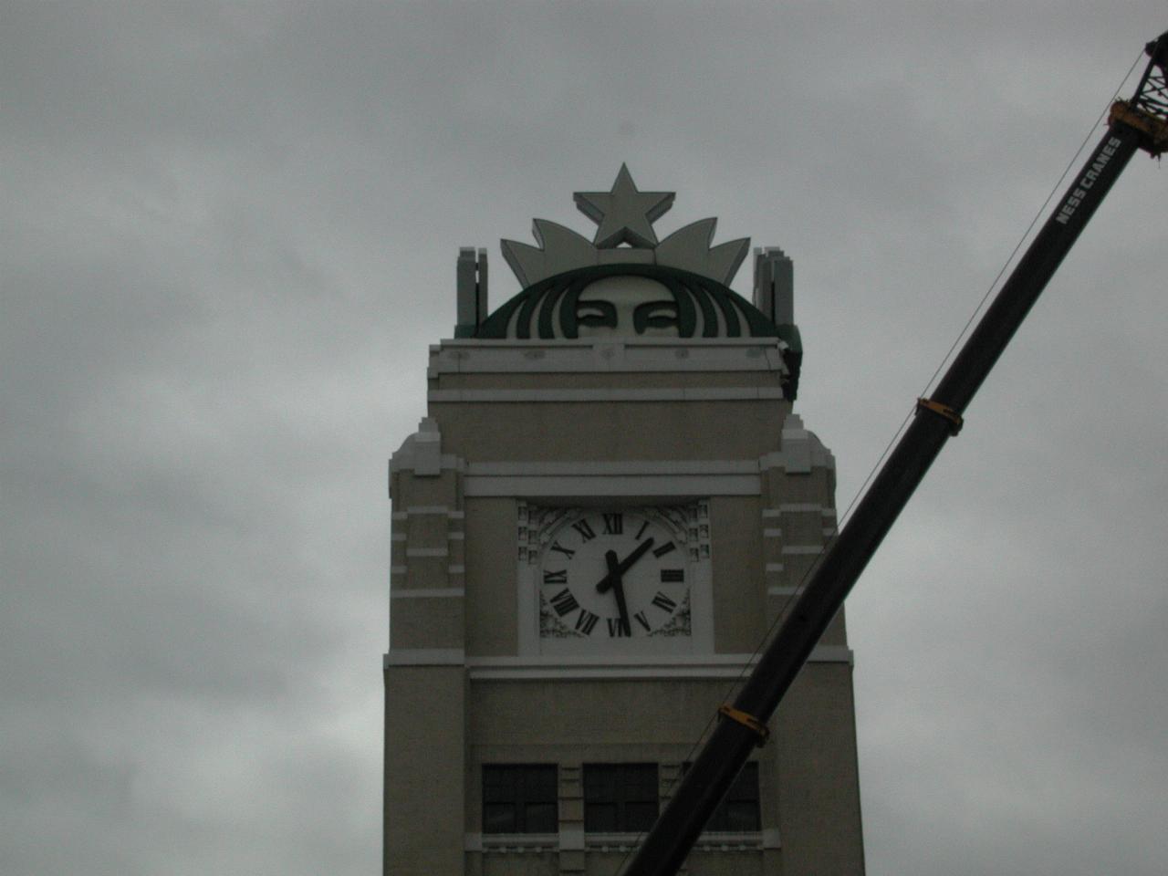 Starbucks building after the quake, undergoing repair