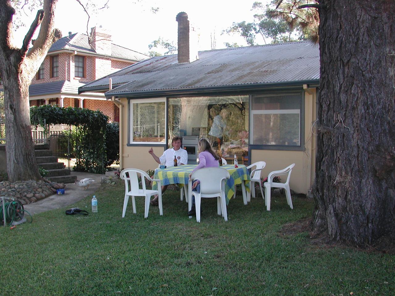 Easter Saturday BBQ (L - R: Cameron, Natalie; Michelle inside)