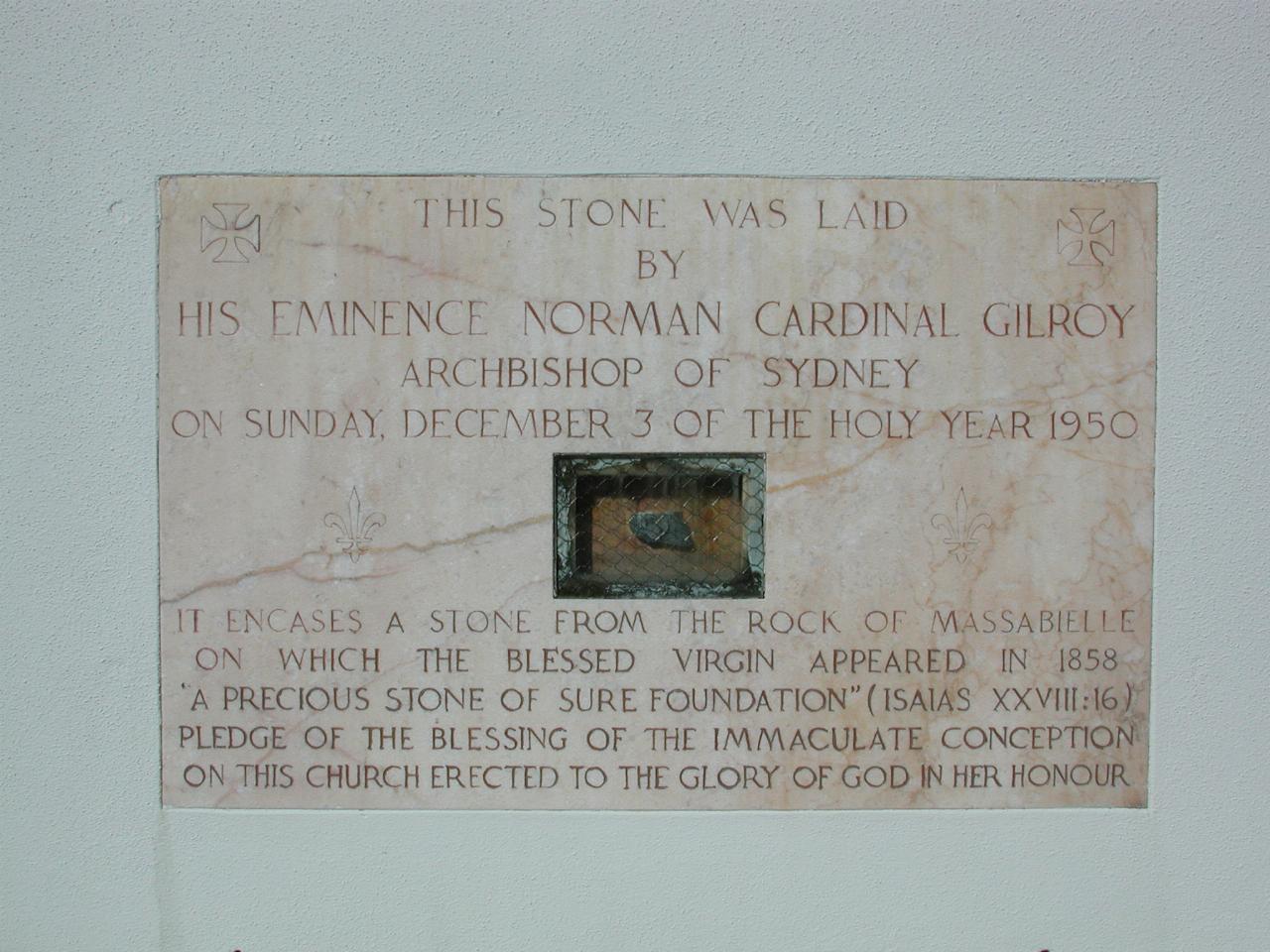 Foundation Stone at Our Lady of Lourdes, Earlwood