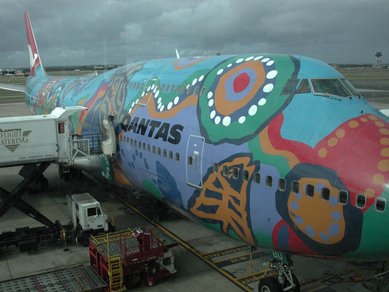 Qantas 'Aboriginal Motif' 747 at Sydney Airport