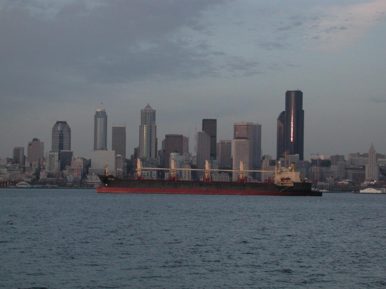 Downtown Seattle, with the last rays of the sun reflecting from buildings.