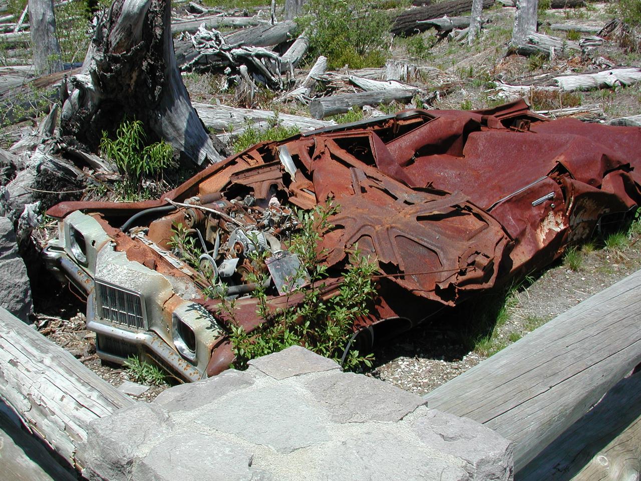 Meta Lake, showing miner's demolished car