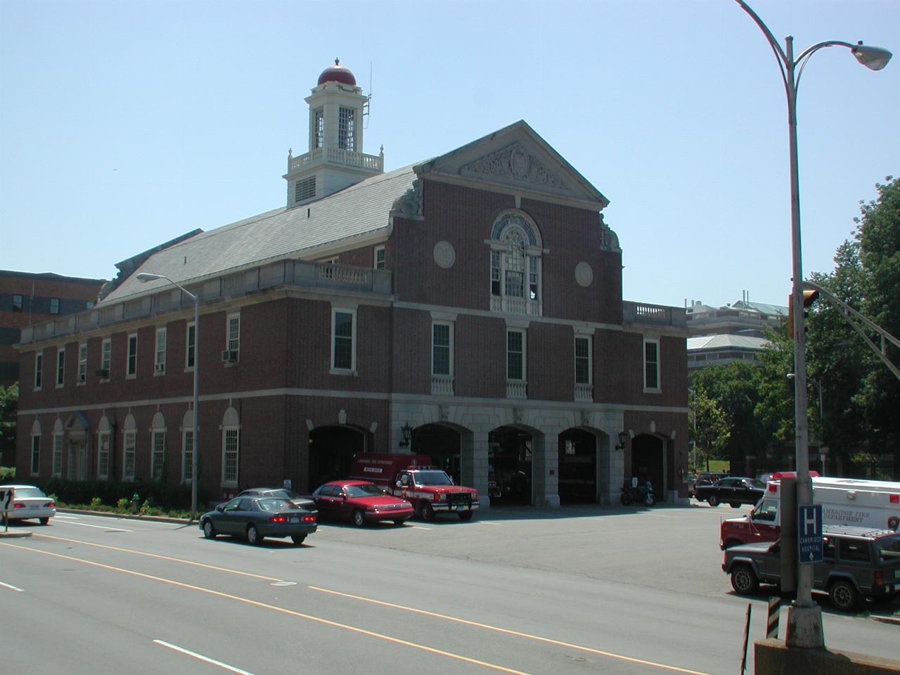 Fire station, in matching architectural style, Harvard University]