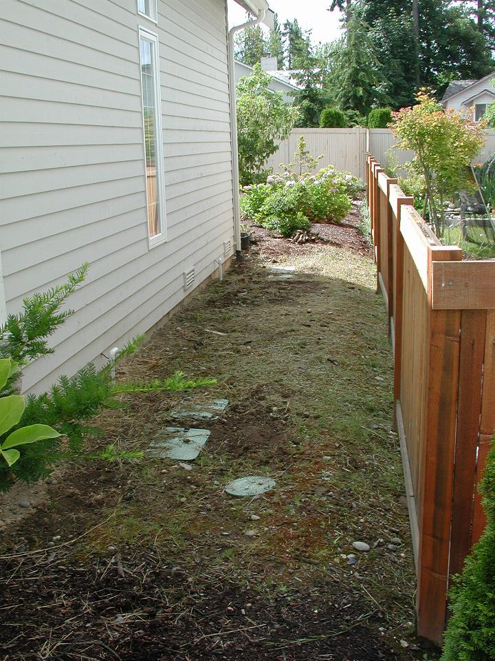 Passage between house and fence with bare ground