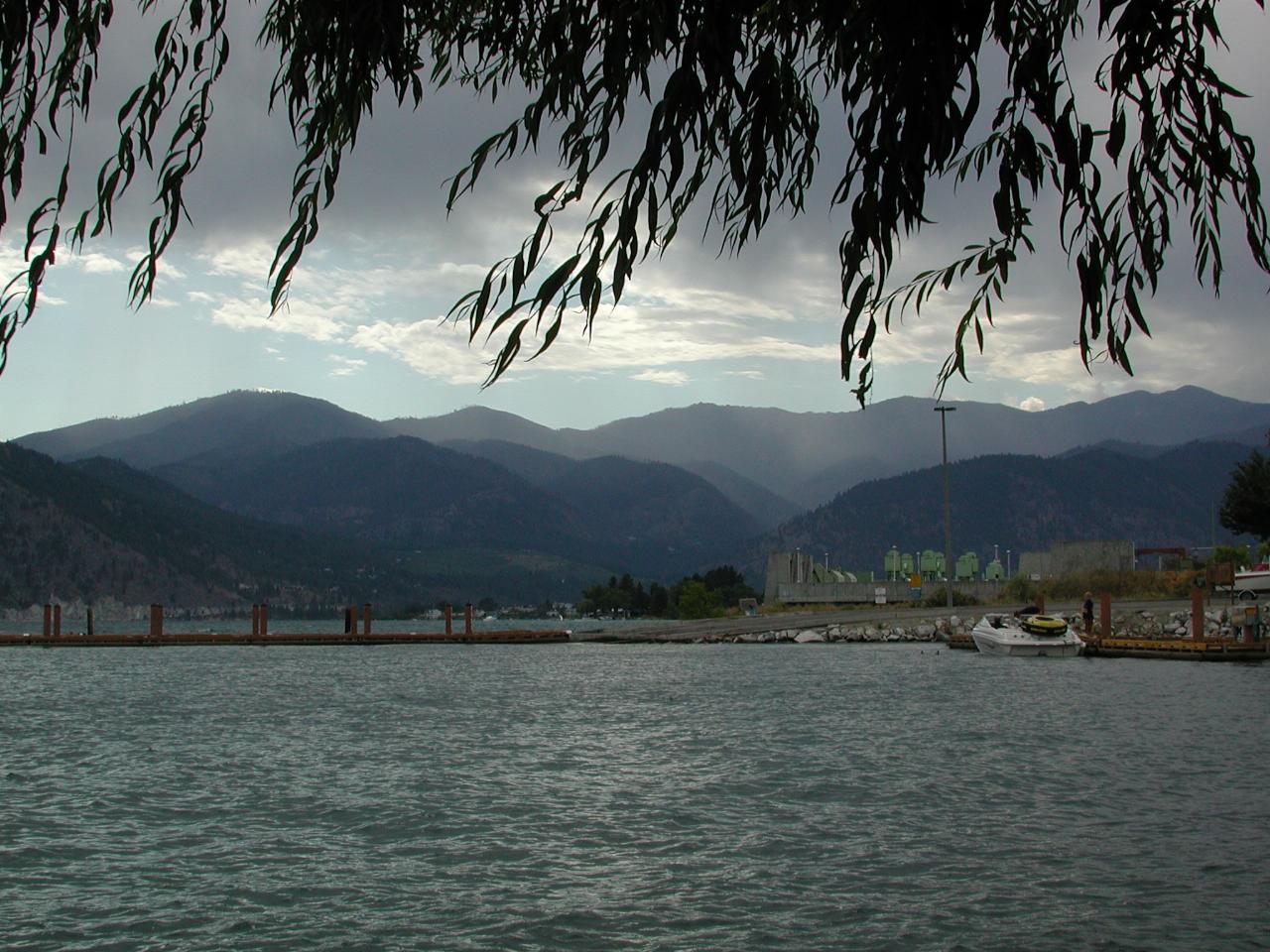 Looking west along Lake Chelan, showing lush irrigated land, and arid mountains