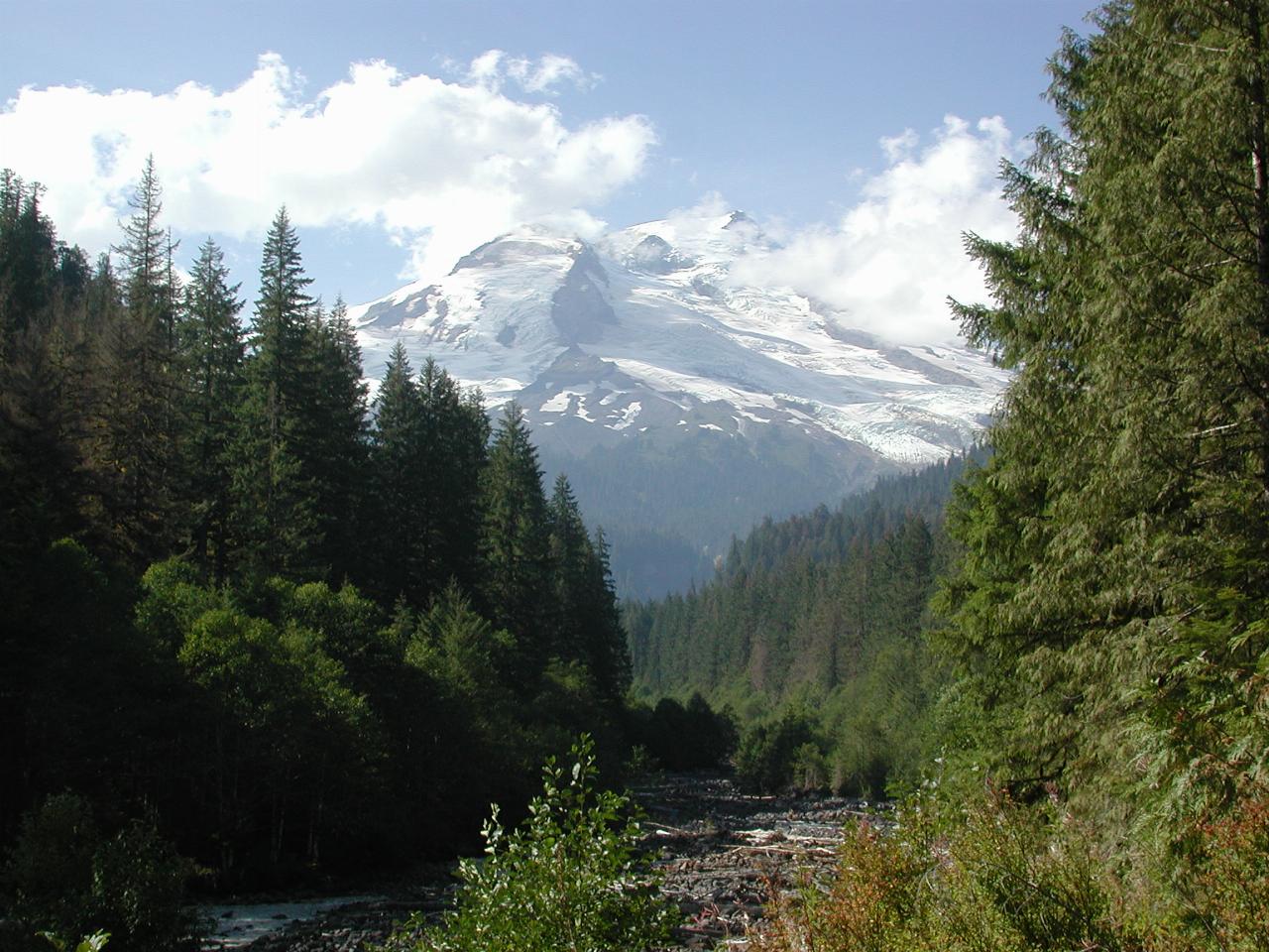 Mt. Baker, partly in clouds, seen from Boulder Creek on Baker Lake Road