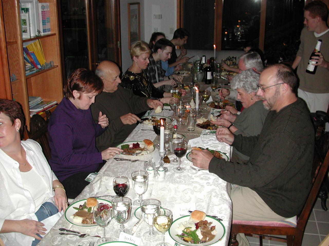 Let's eat: clockwise from left: Patty, Sandy, Jim, Judy, Simon, Caitlin, Matthew, Bill, Barbara, Randy; David standing to right