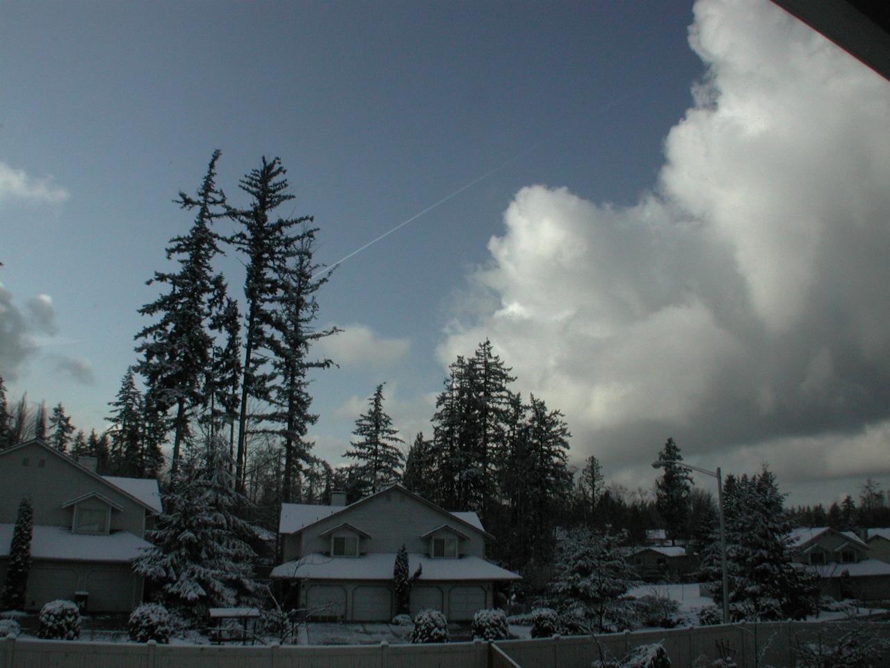 Looking south, with aircraft vapour trail in blue sky