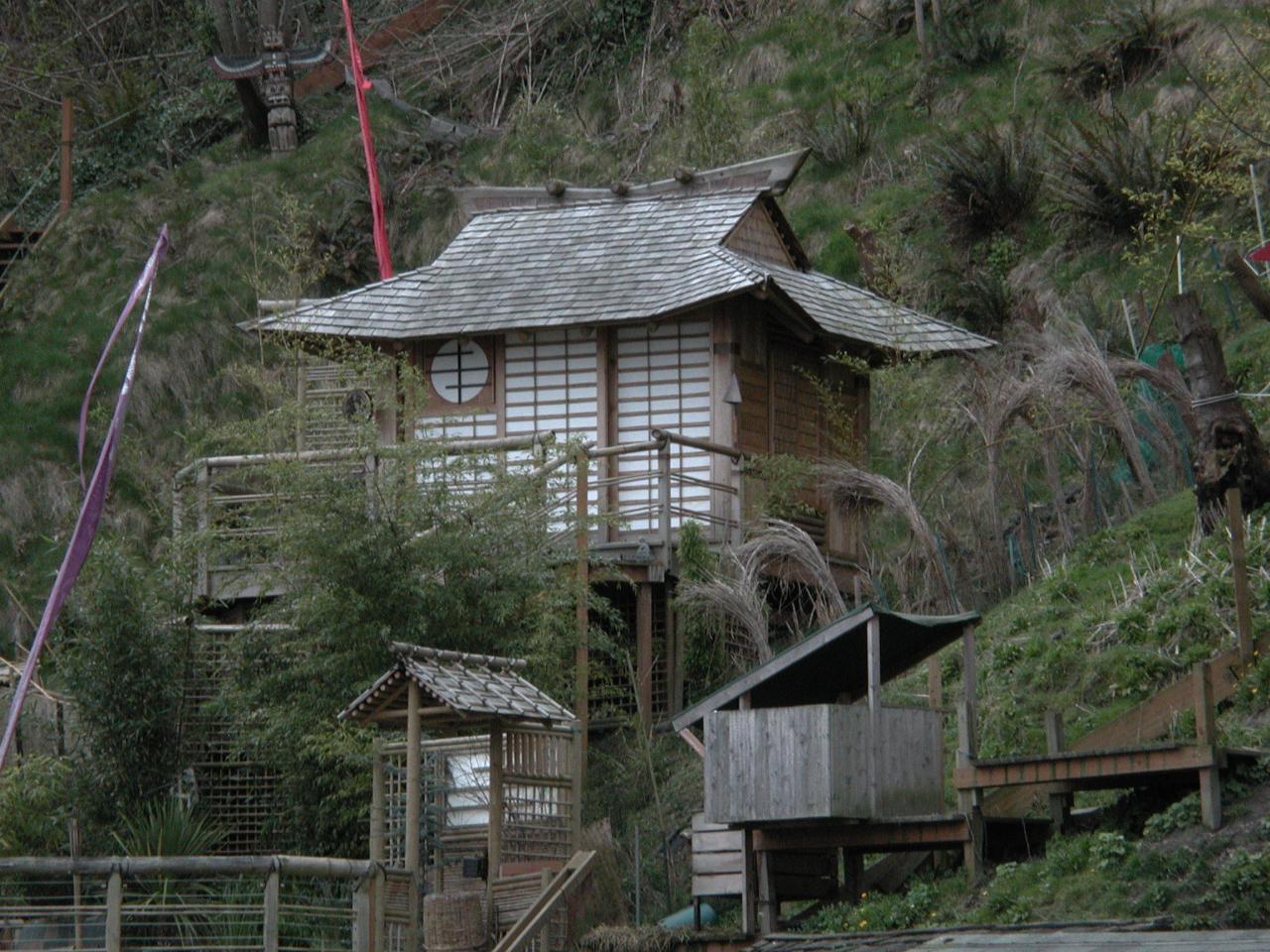 A Japanese style building in the yard of a home overlooking Alki