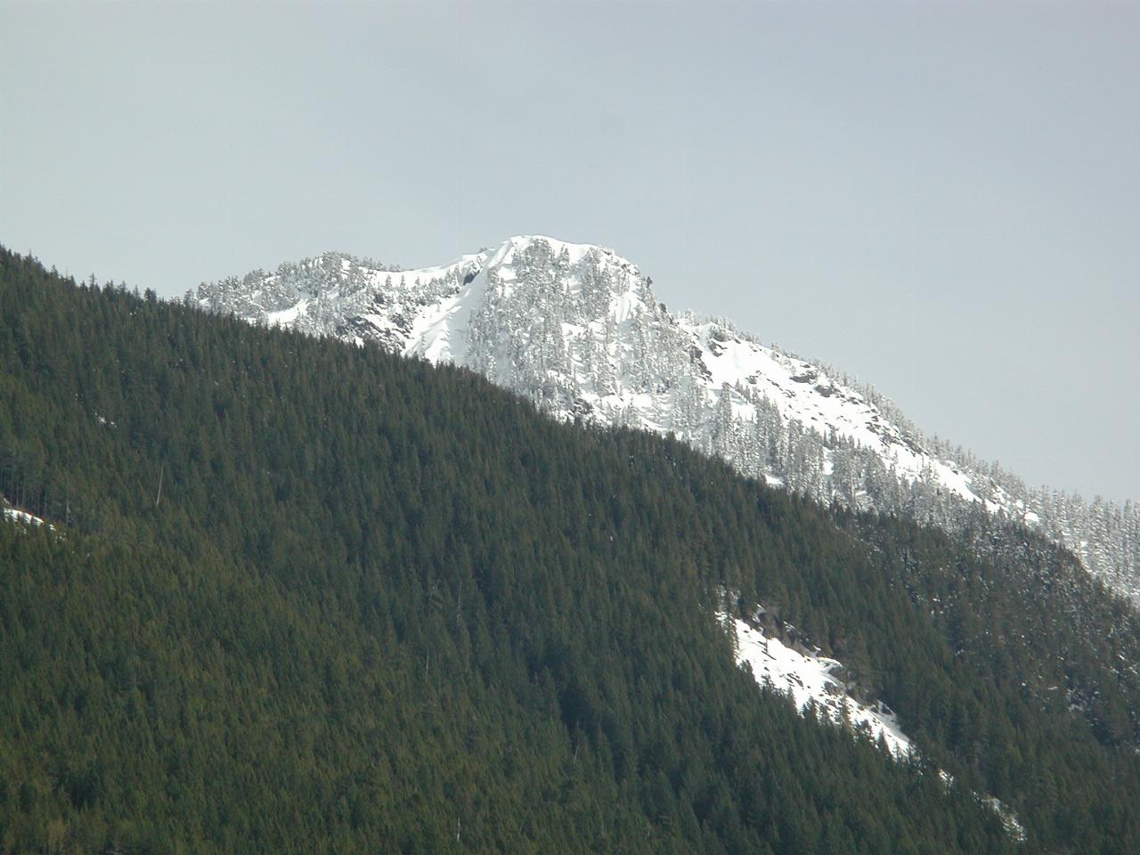 Close up of snow covered peak, probably Bald Mountain, from Baker Lake Dam picnic area