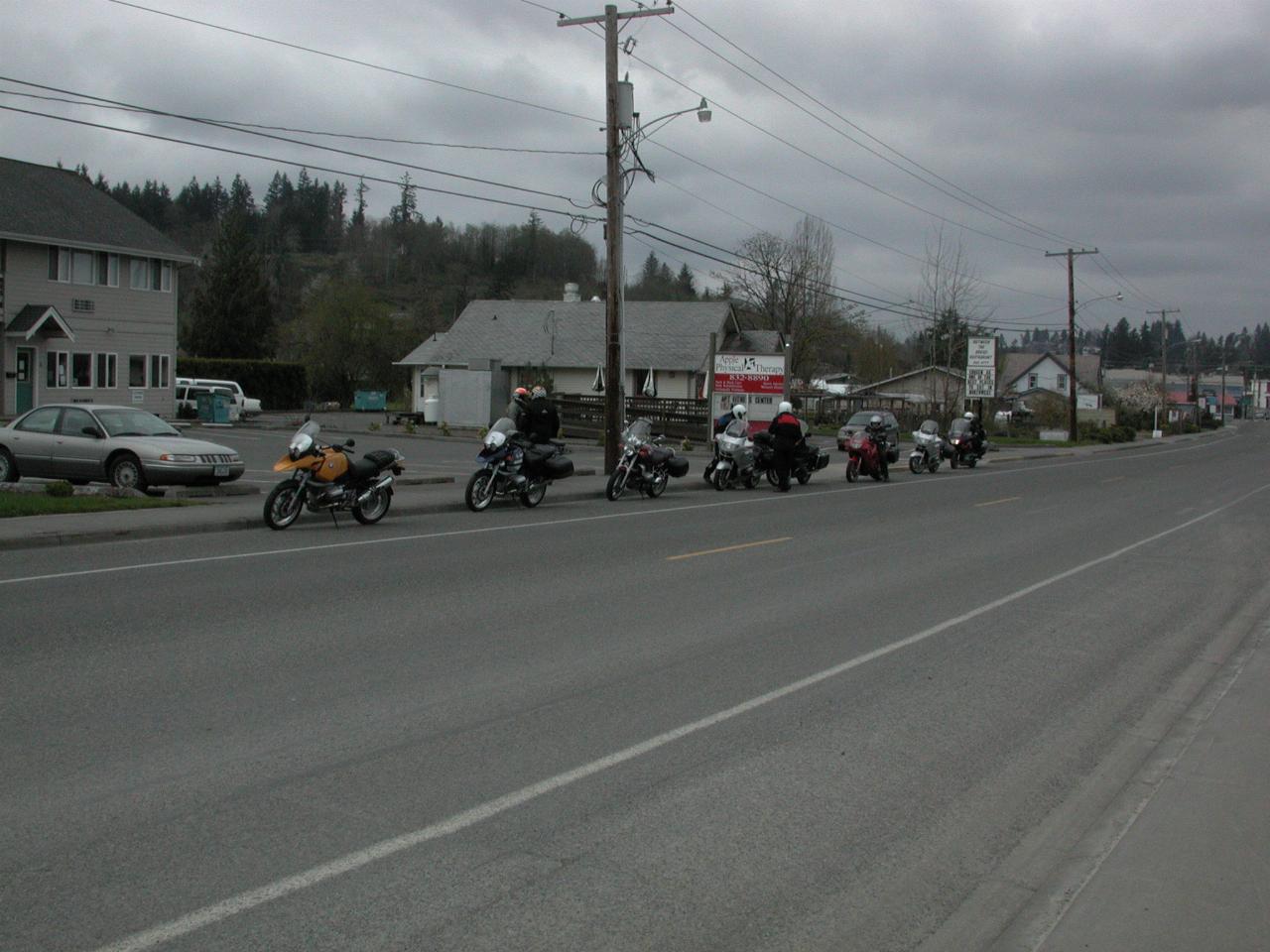 Cascade Motorcycle Shop Ride for April; in Eatonville after coffee