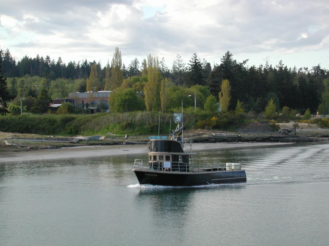 A modern looking boat on Swinomish Channel, La Conner