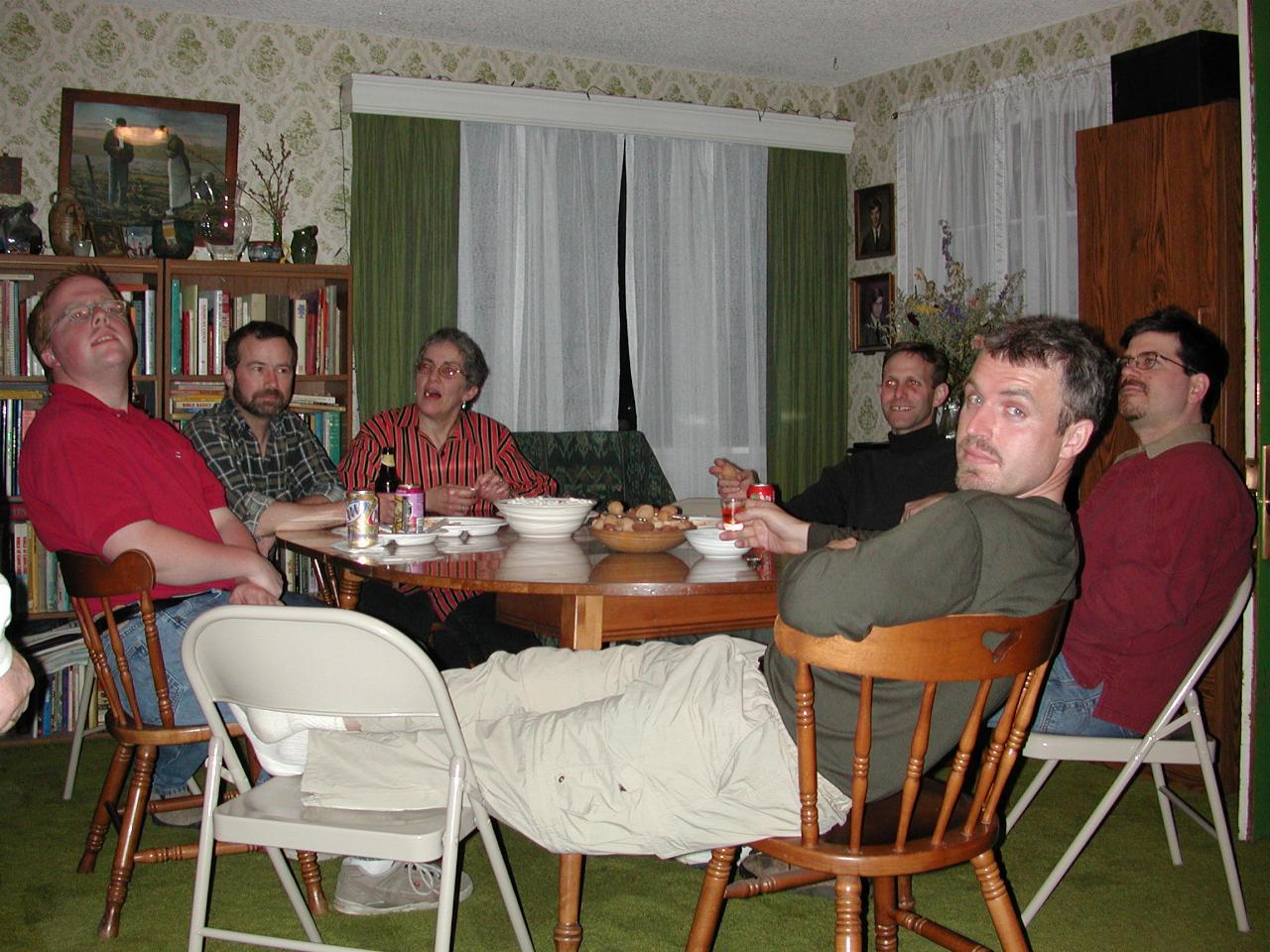 Dining room eating: L to R: Patrick T, John T, Chris T, Gustavo, Tony, Brian