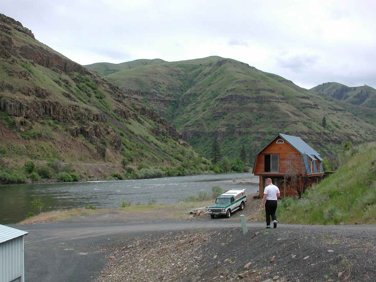 Looking downstream on Grande Ronde River at Boggan's Oasis; Correy walking dow for photo