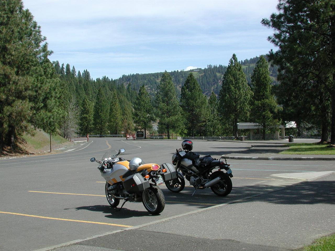 Two bike tour - my R11S on left, Randall's Ducati M750, at Dworshak Dam visitor's area