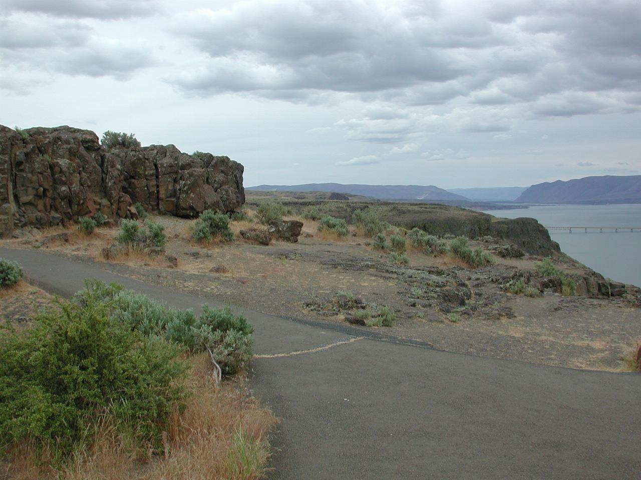 Wanapum Dam on the Columbia, and the rock (lava) and vegetation at the Wild Horse Monument lookout