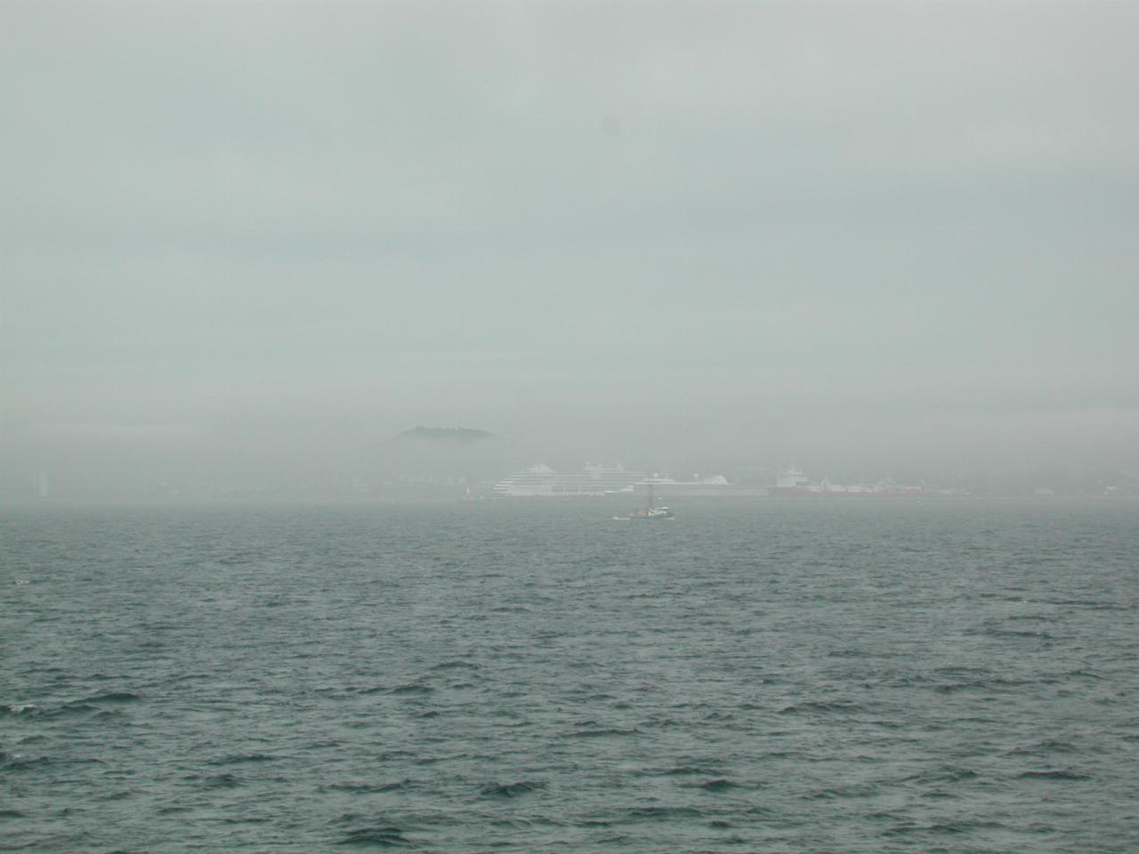 Shipping in Victoria Harbour, BC, through fog bank