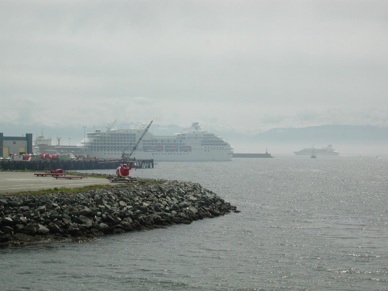 Cruise ship in Victoria, BC, from MV Coho, Olympic Mountains backdrop