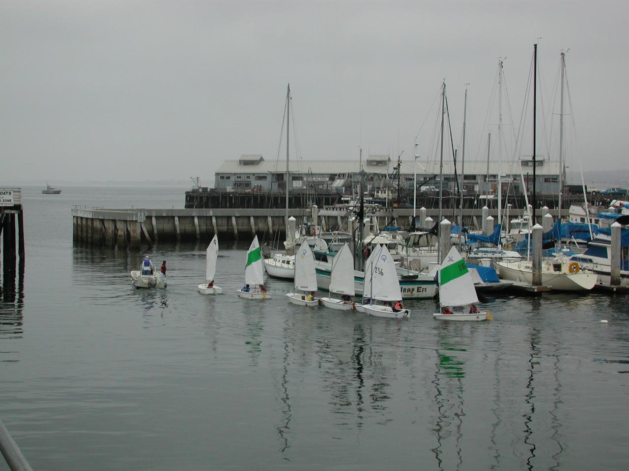 Young sailors being towed from Monterey marina for trials