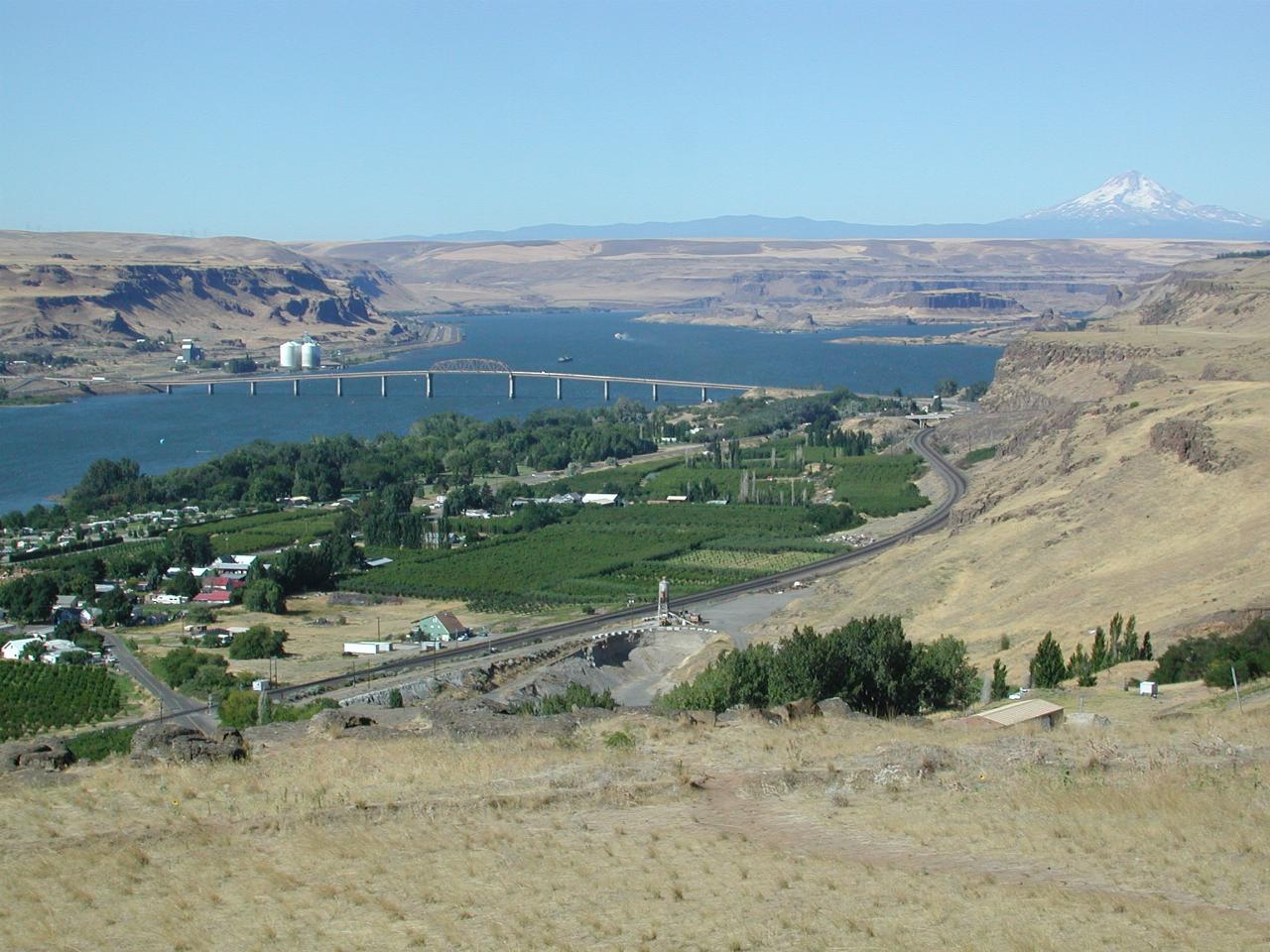 Mt. Hood and the Columbia River and settlement of Maryhill, WA