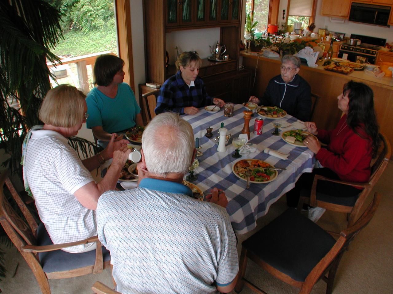 Adults indoors: Bill (back to camera), Patty, Mary Kay, Pilar, Marie and Maria