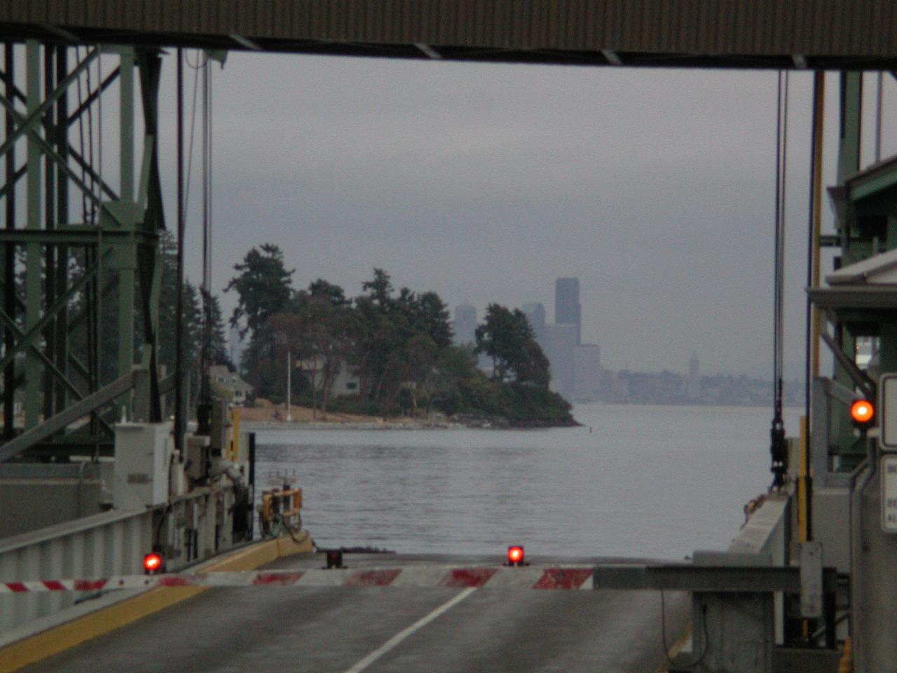 Seattle skyline through the ferry dock on Bainbridge Island