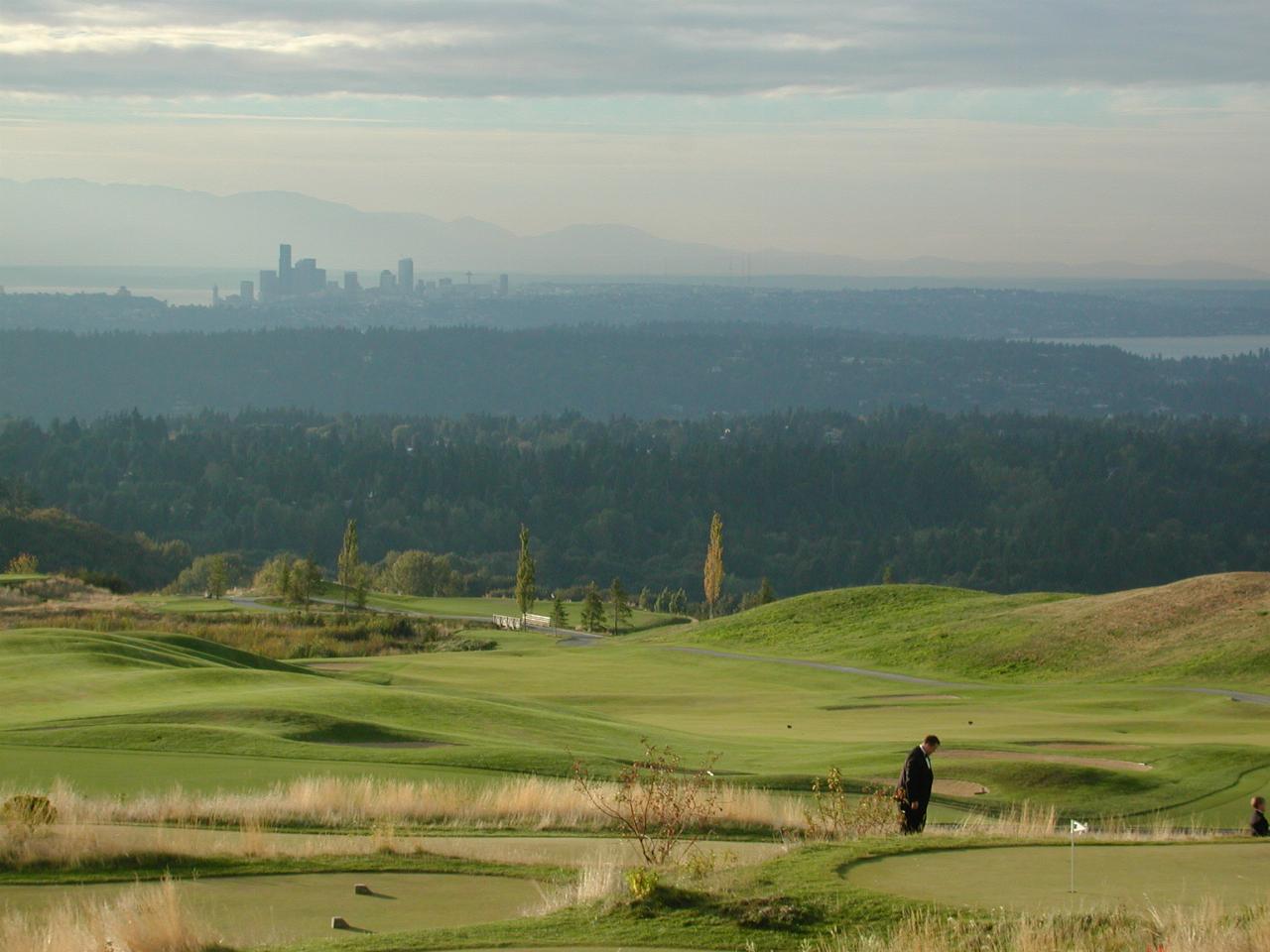 Newcastle Golf Club and downtown Seattle and Olympic Mountains behind