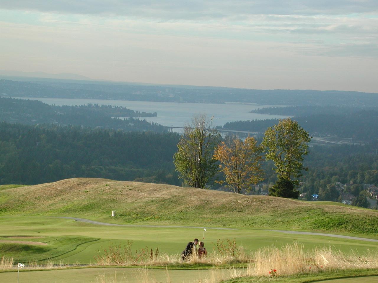 Lake Washington, as seen from Newcastle Golf Club; I-90 bridge and (vaguely) Bellevue