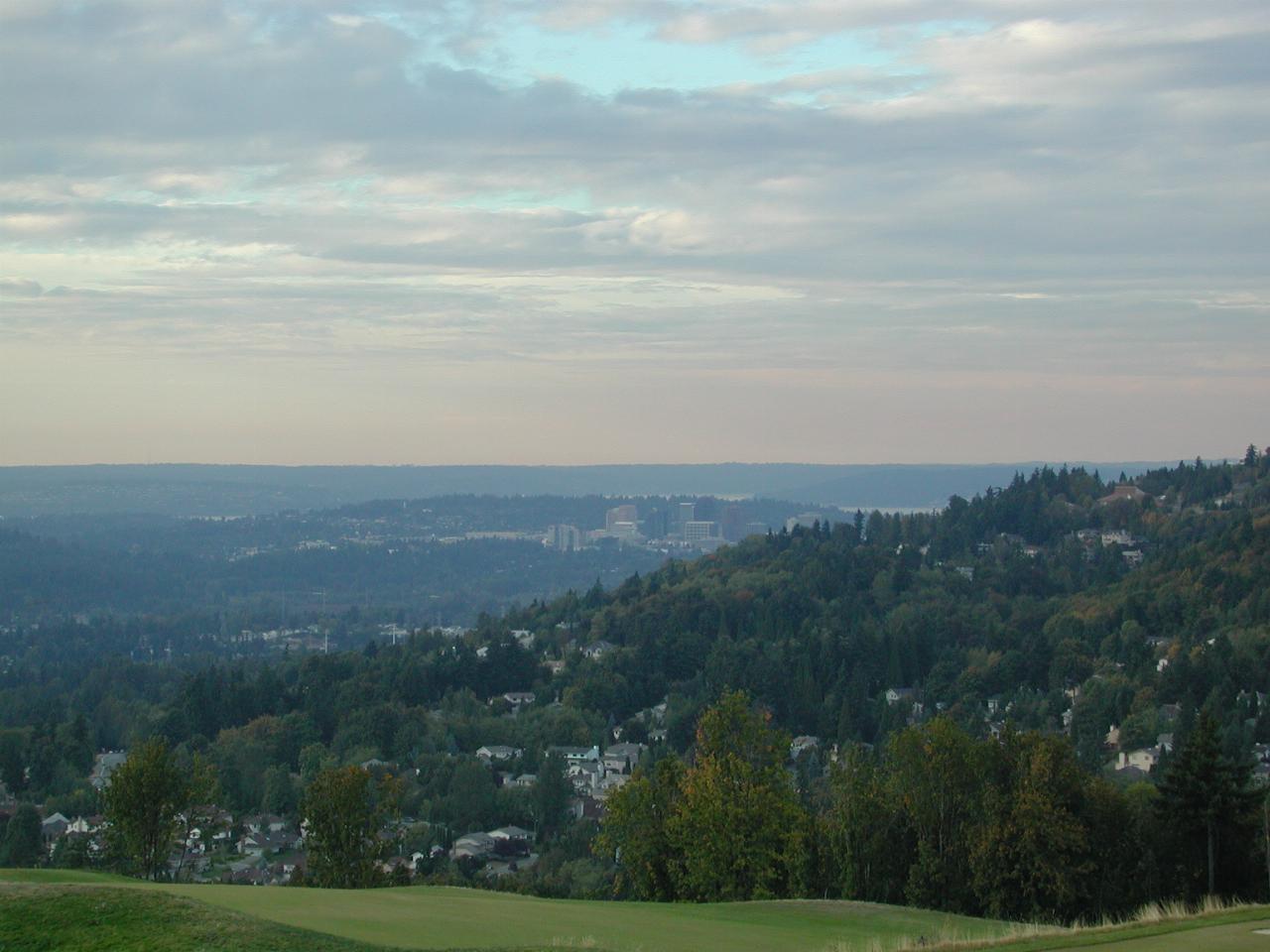 Downtown Bellevue sneaking around mountain, as seen from Newcastle Golf Club