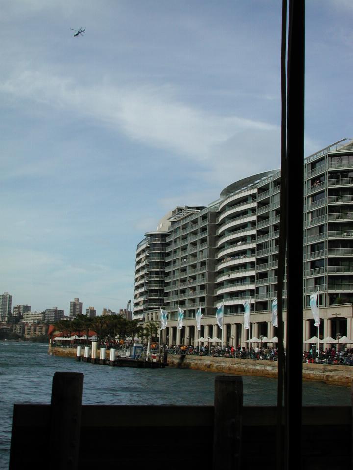 TV helicopter flying over East Circular Quay