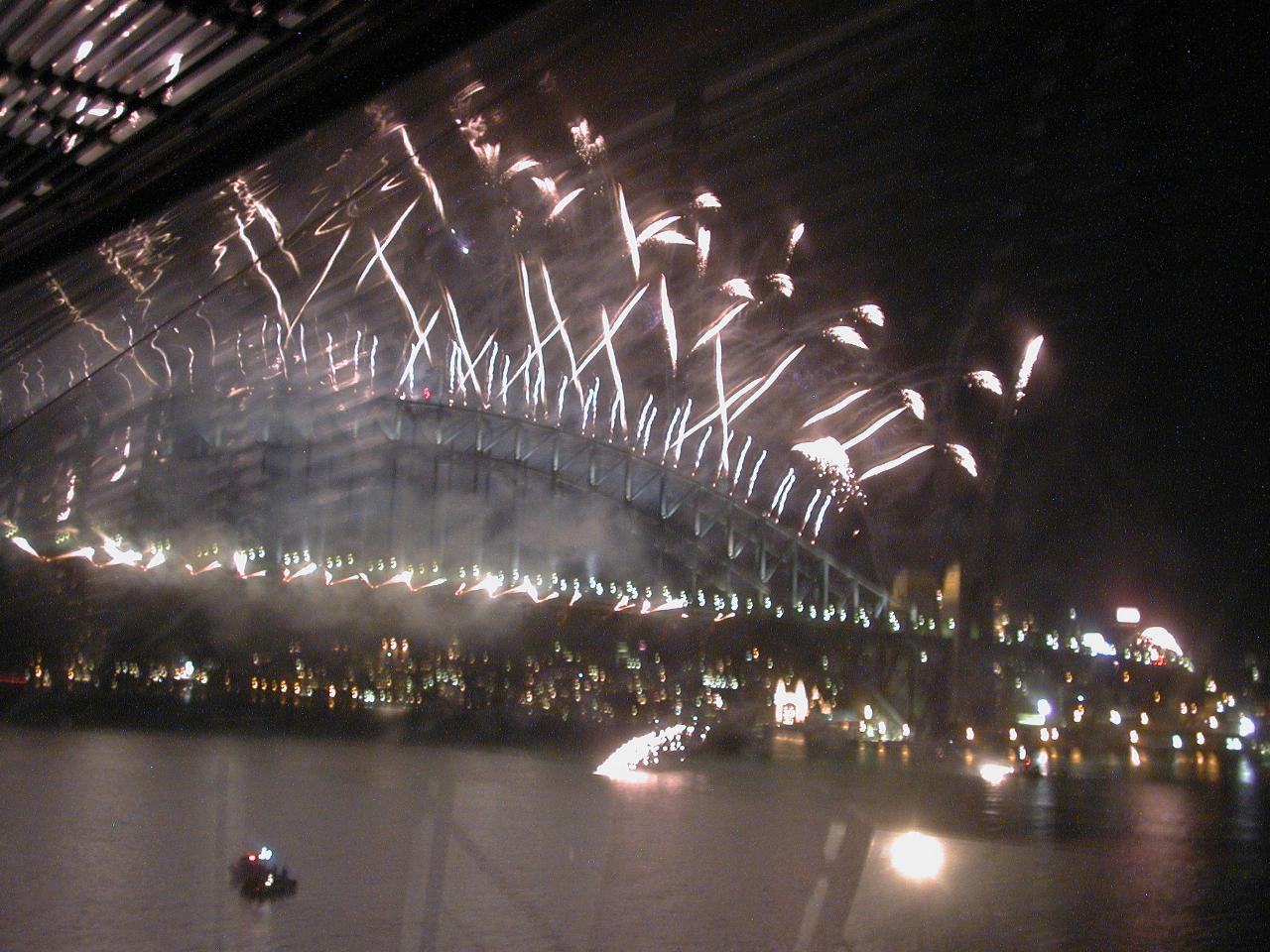 Fireworks cascading off the Harbour Bridge