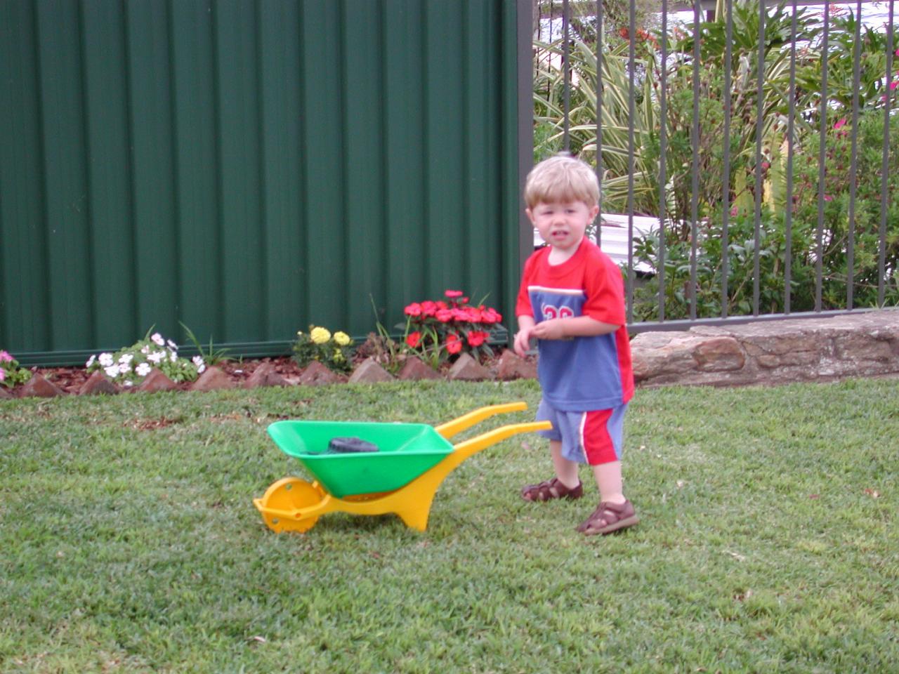 Jake and his wheelbarrow at home