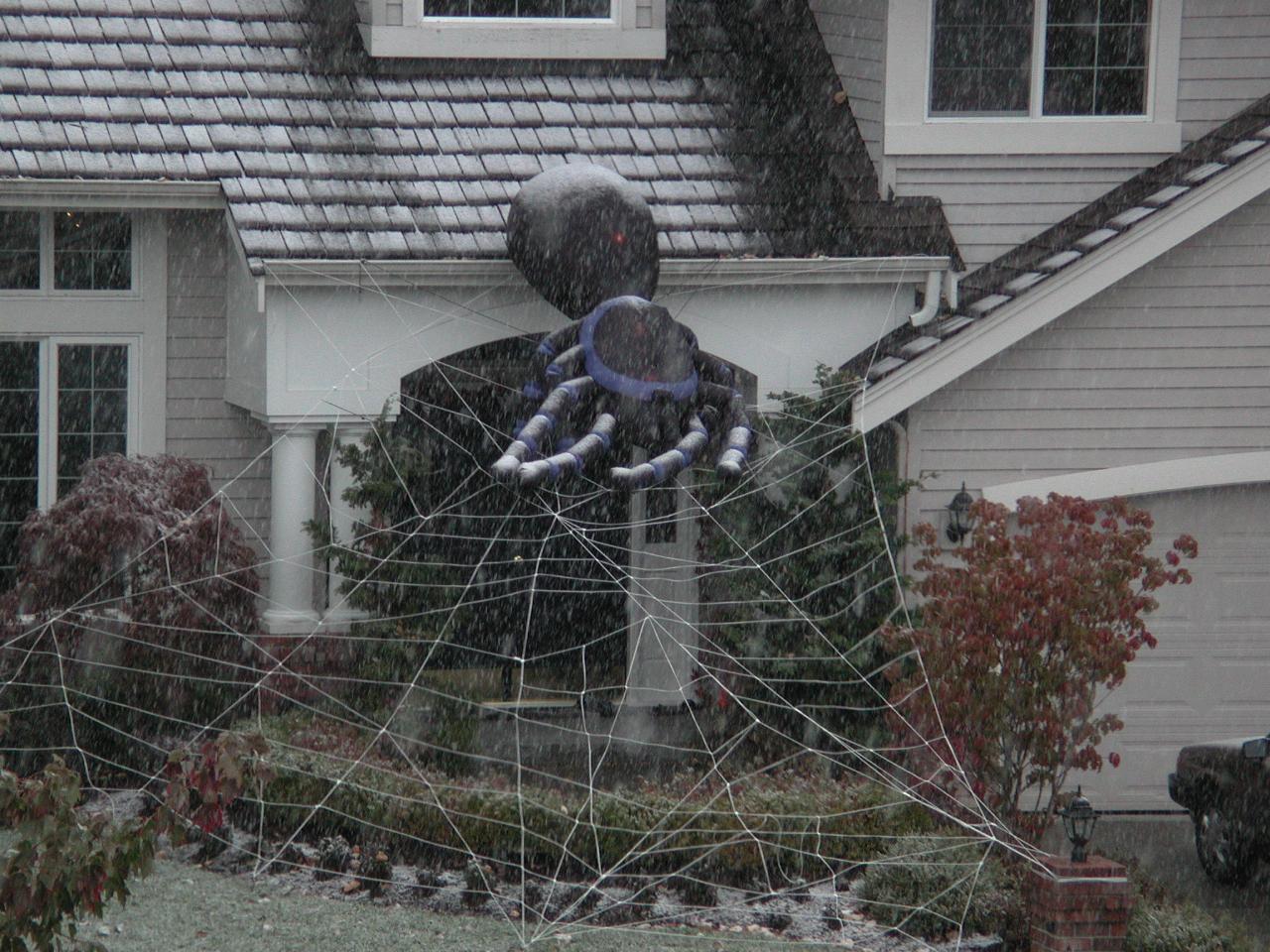 D'Ann's house set up for Halloween after a light snow fall