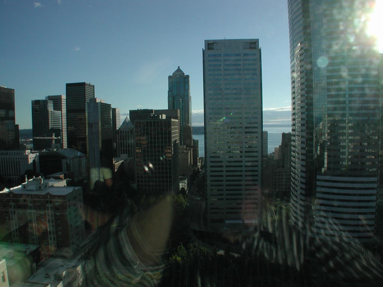 Looking west, over downtown and Puget Sound to Olympic Mountains