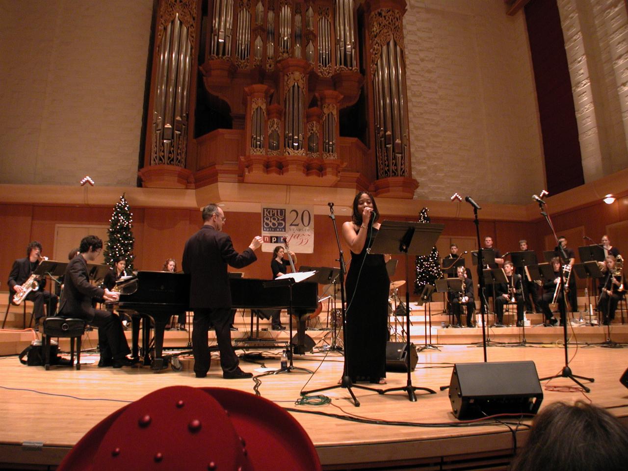 PLU student Nicole Greenidge (and good!) performing with PLU Jazz Ensemble at KPLU's Christmas Jam