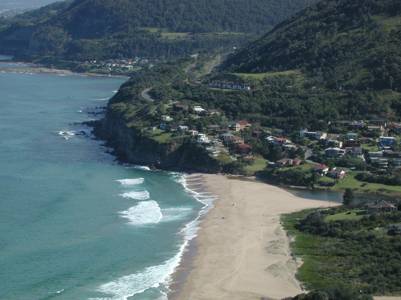 Stanwell Park, with a train heading south above town