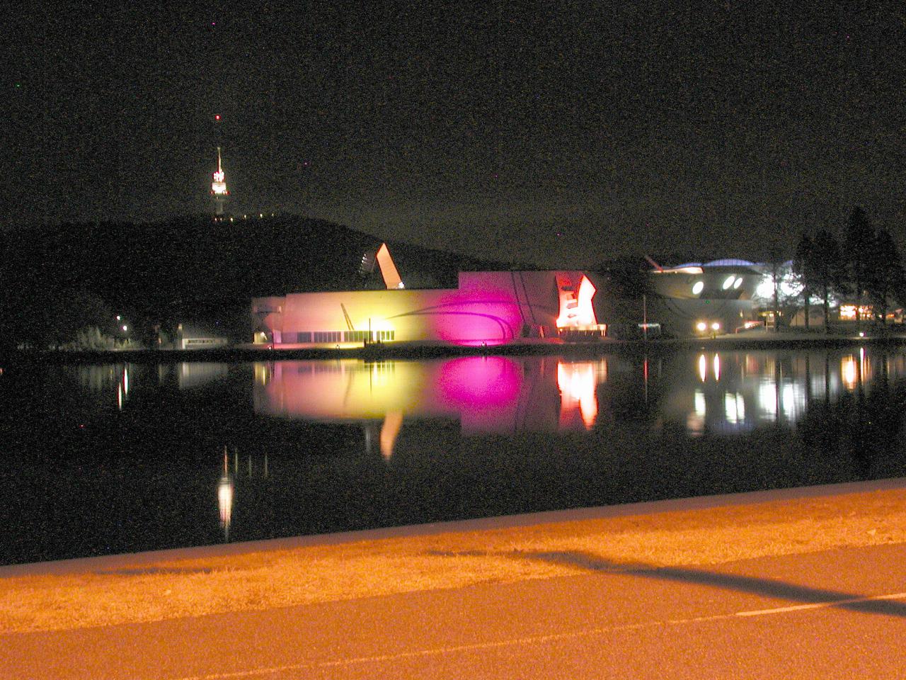 Museum of Australia,  as seen across Lake Burley Griffin, and also showing Black Mountain Tower