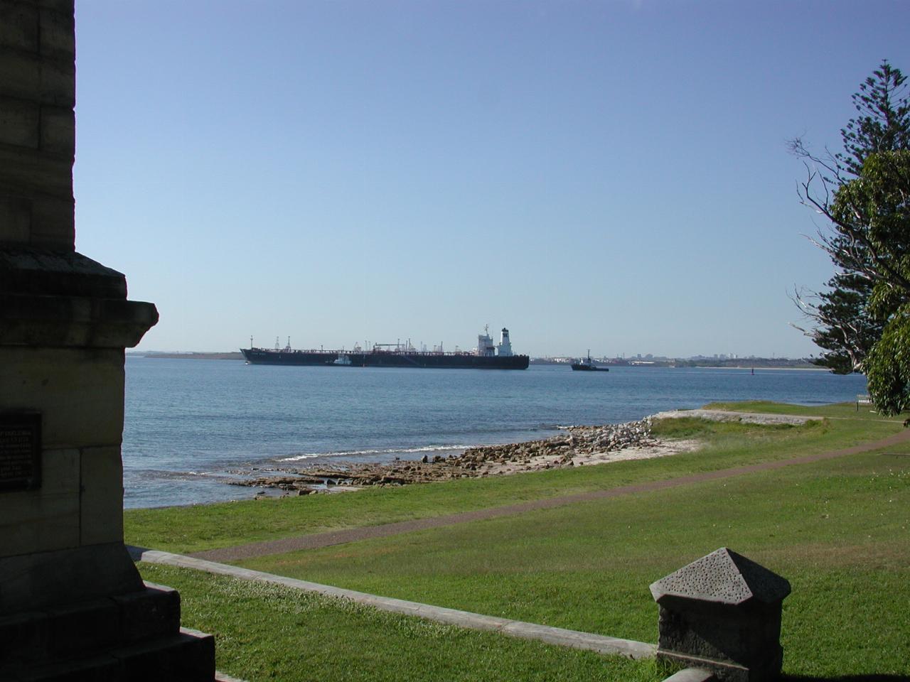 Oil tanker as seen from behind Cook's Landing Monument